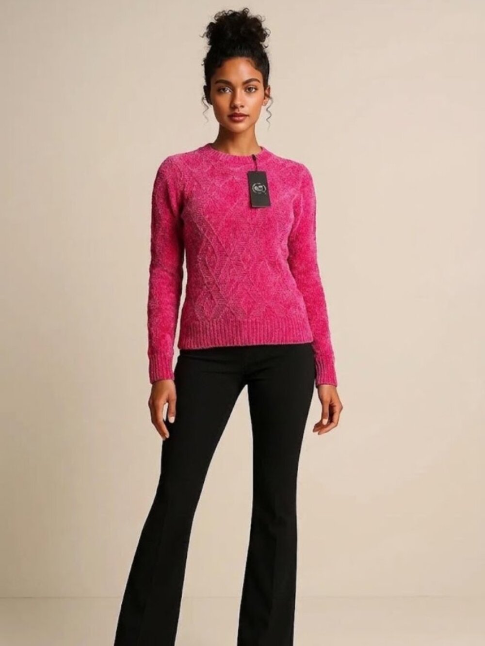 100% Cashmere S. Christina Pink Chenille Cable Knit Sweater – Size L/XL